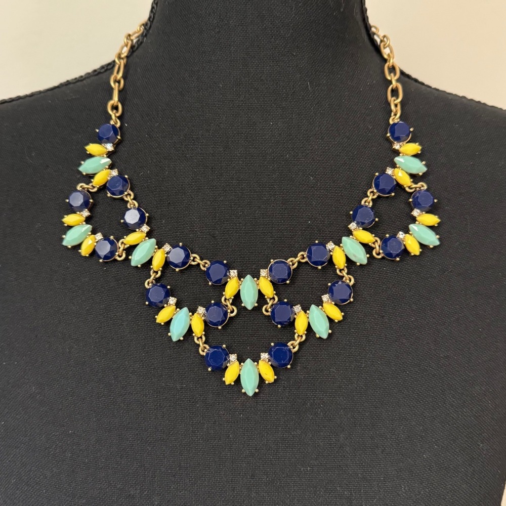 J.Crew Statement Necklace Blue Yellow Mint‎ Stones Gold Tone Bib Collar 20"